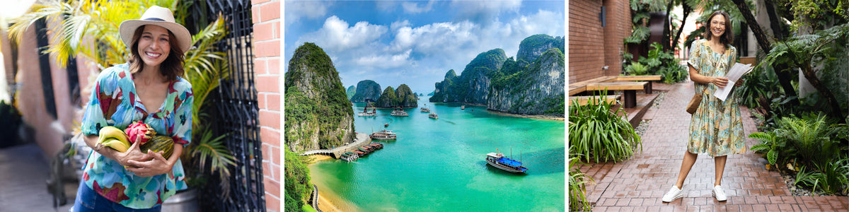Brunette women in travel styles ideal for a trip to Vietnam