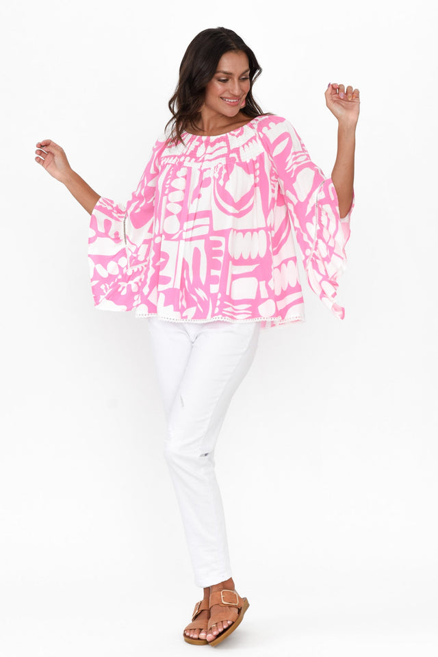 Violet Pink Abstract Bell Sleeve Top