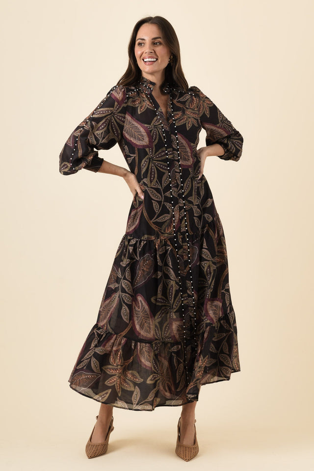 Wanderlust Dark Tropique Cotton Silk Pearl Dress,Brunette model,alt text|model:MJ image 7