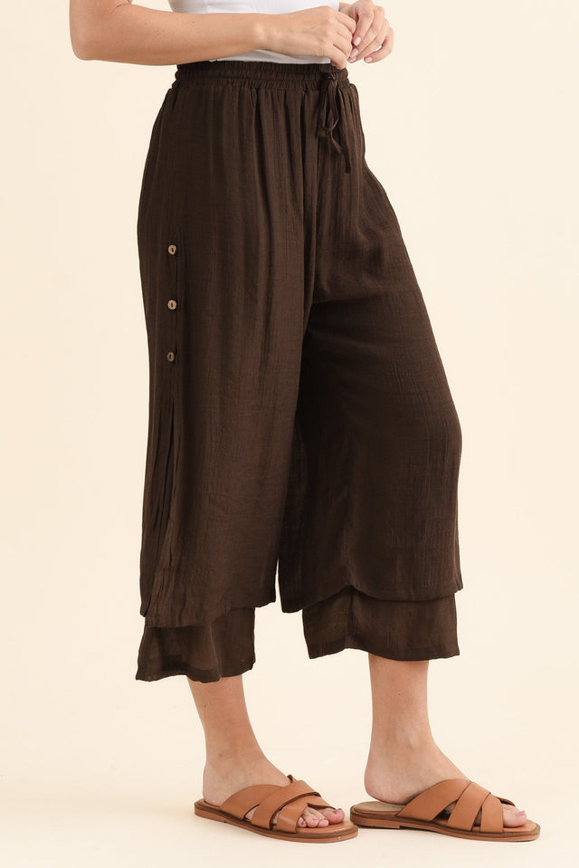 Watson Chocolate Cotton Blend Layered Pants,brunette model,Side of Outfit,alt text|model:MJ image 3