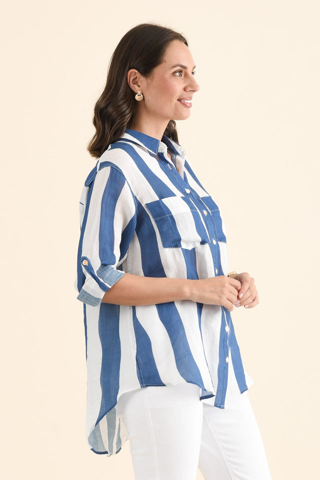 Wellington Blue Stripe Linen Shirt,brunette model,Side of Outfit,alt text|model:MJ image 3