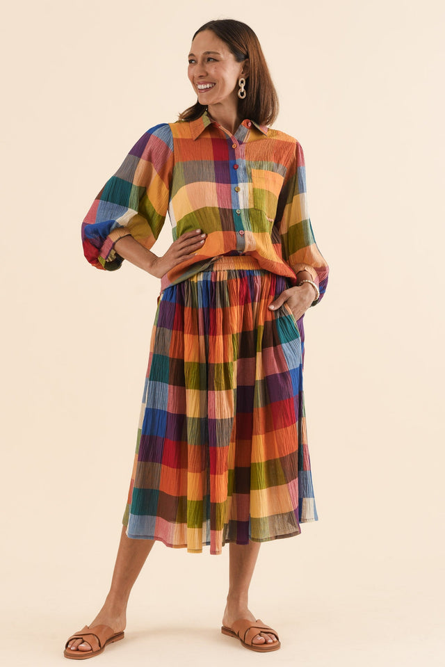 Toby Orange Check Cotton Skirt,Full Body,Brunette model,alt text|model:Cara image 6