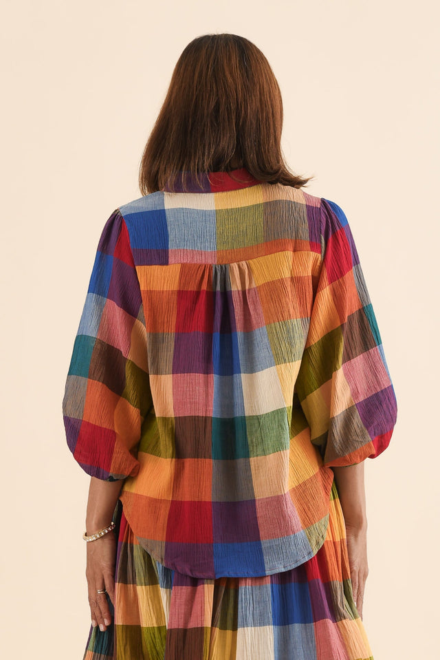 Wesley Orange Check Cotton Shirt,Back,Brunette model,alt text|model:Cara image 4