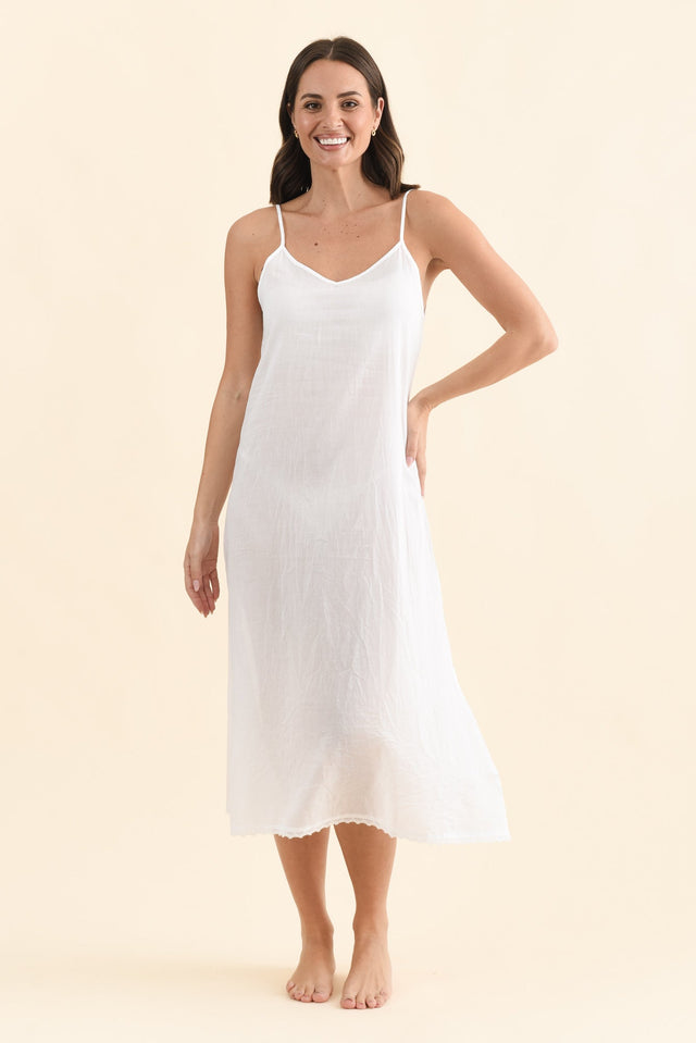 White Cotton Maxi Slip Dress,Brunette model,alt text|model:MJ