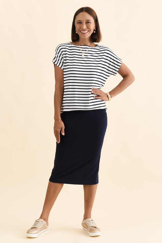 Wilde Navy Stripe Bamboo Box Tee,Brunette model,alt text|model:Cara image 7