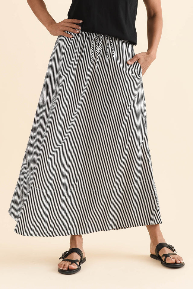 Willow Black Stripe Cotton Maxi Skirt,Front,Brunette model,alt text|model:Cara image 1