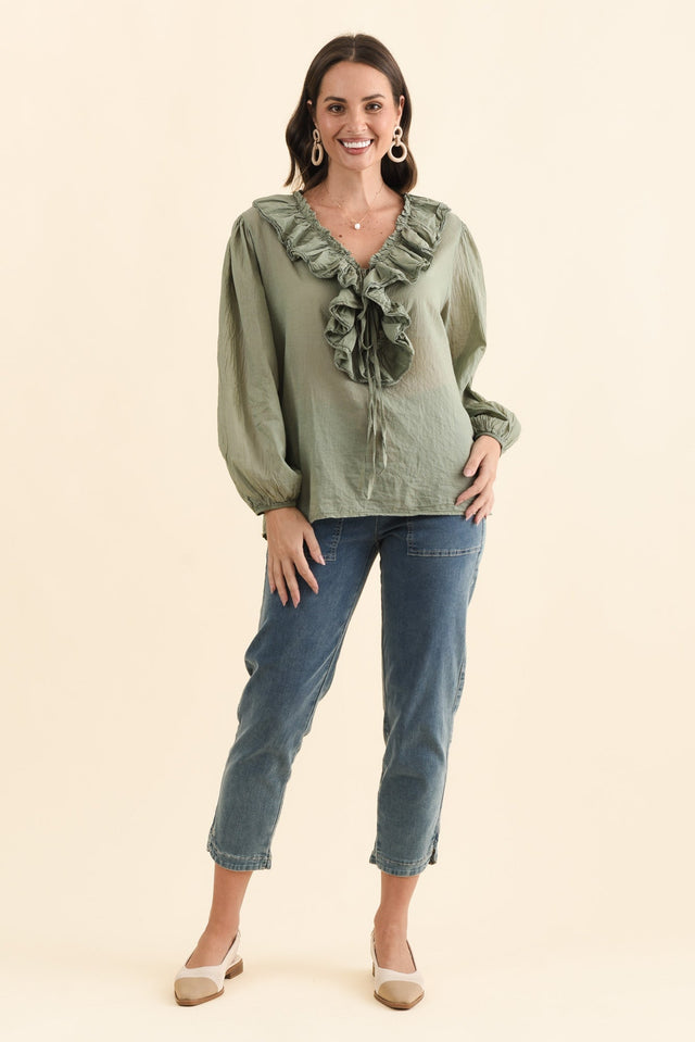 Winifred Khaki Cotton Frill Top,Brunette model,alt text|model:MJ image 6
