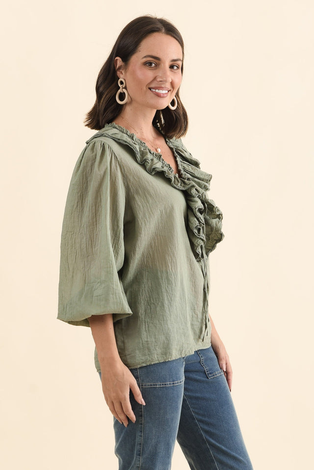 Winifred Khaki Cotton Frill Top,Brunette model,alt text|model:MJ image 3