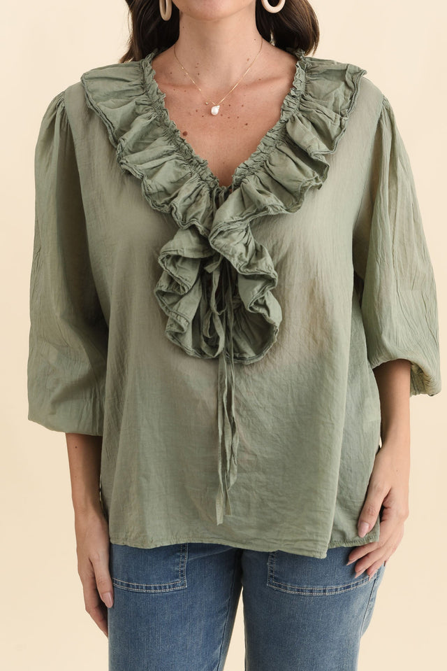 Winifred Khaki Cotton Frill Top,Brunette model,alt text|model:MJ image 5