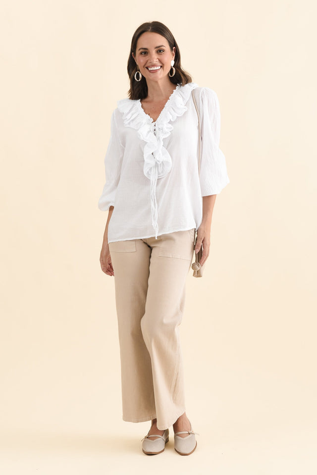 Winifred White Cotton Frill Top,Brunette model,alt text|model:MJ image 7