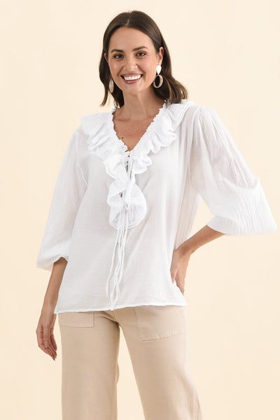 Winifred White Cotton Frill Top,Brunette model,alt text|model:MJ