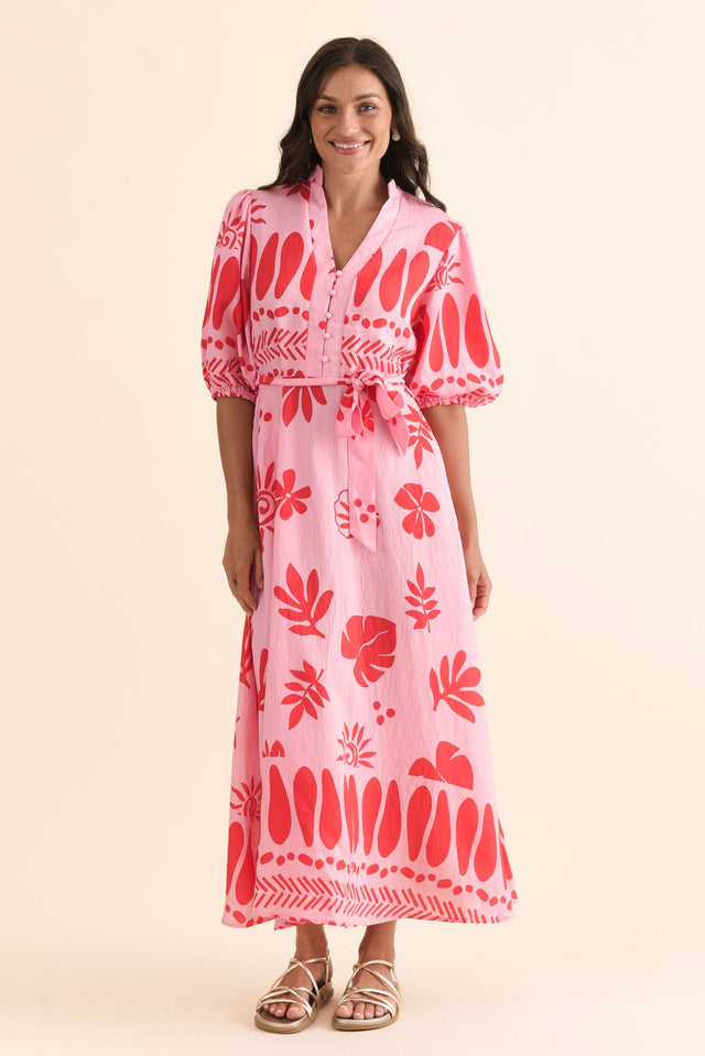 Winsome Pink Tropical Cotton Tie Dress,Full Body,Brunette model,alt text|model:Brontie image 6