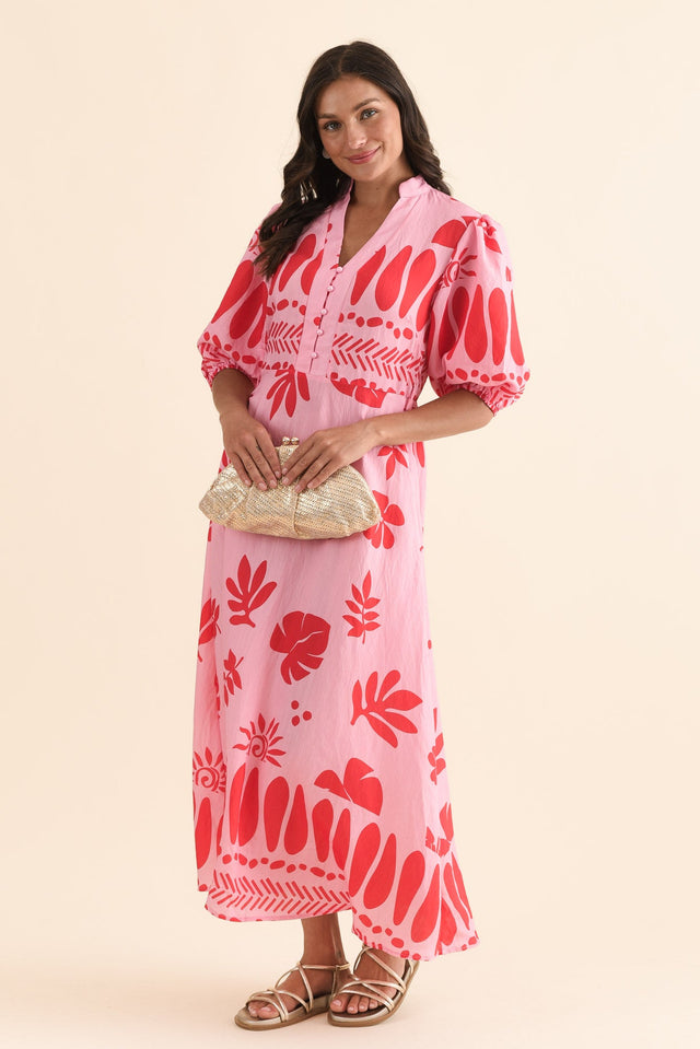 Winsome Pink Tropical Cotton Tie Dress,Front,Brunette model,alt text|model:Brontie image 1