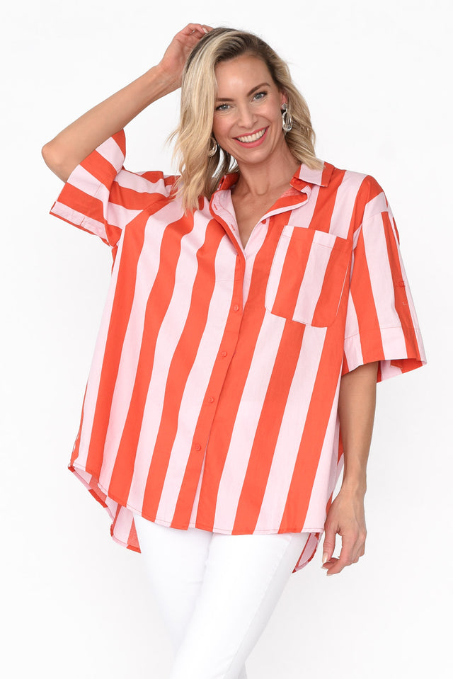 Yanis Pink Stripe Cotton Shirt neckline_V Neck  alt text|model:Anna;wearing:S/M image 1