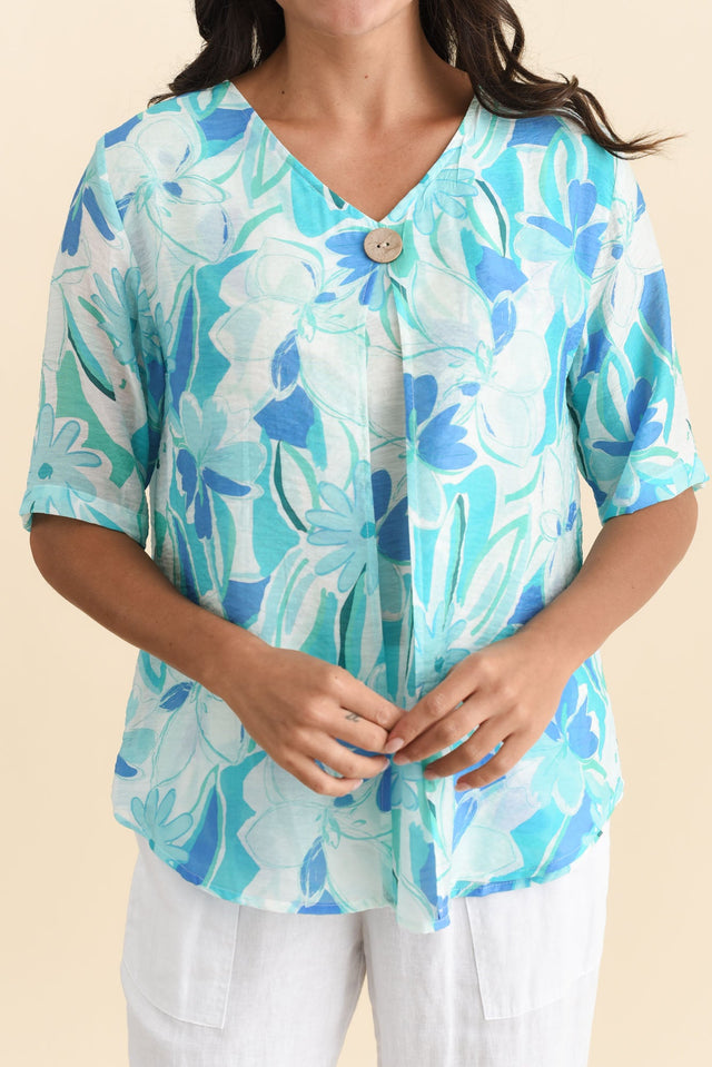 Yasmin Blue Floral Layered Button Top,Brunette model,alt text|model:Brontie image 7
