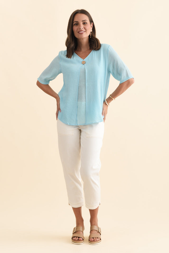 Yasmin Blue Layered Button Top,Brunette model,alt text|model:MJ image 7