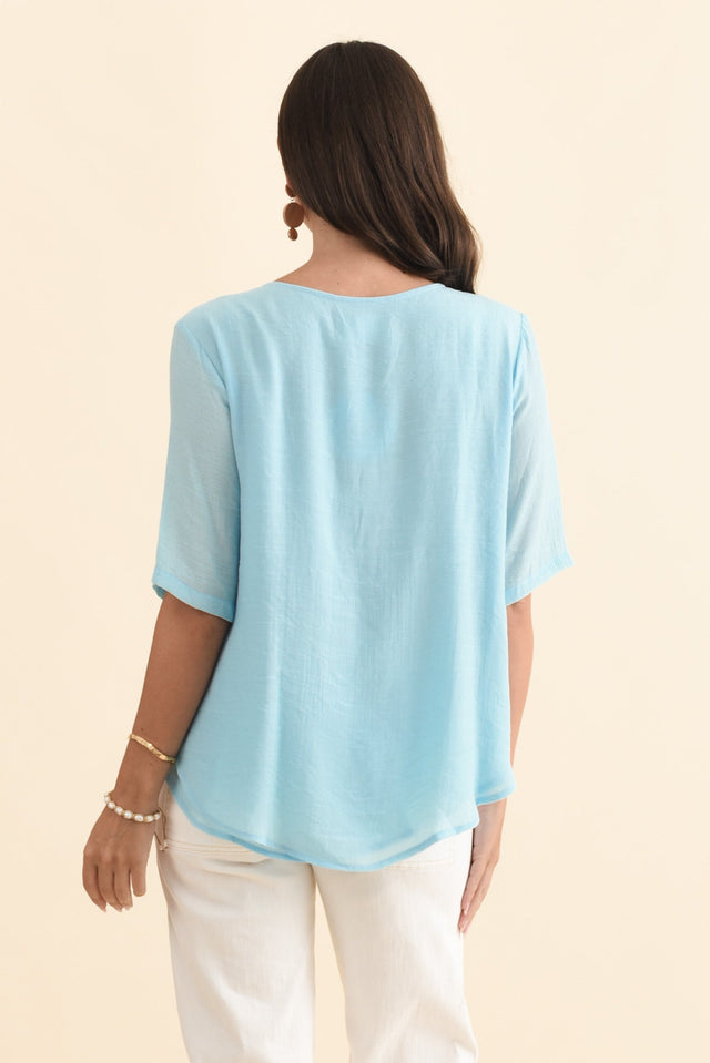 Yasmin Blue Layered Button Top,Brunette model,alt text|model:MJ image 5