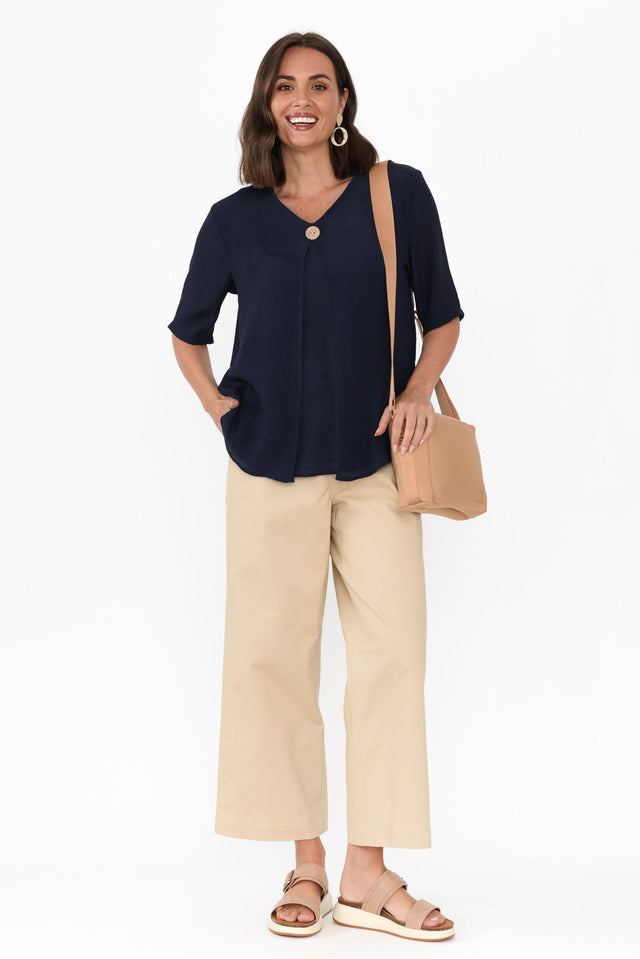 Yasmin Navy Layered Button Top,Brunette model,alt text|model:MJ image 3