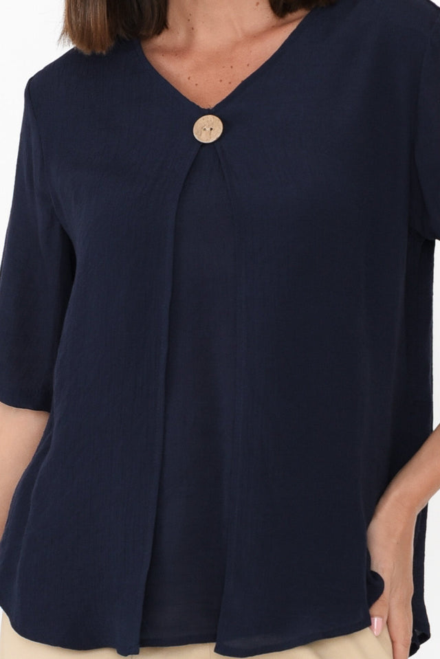 Yasmin Navy Layered Button Top,Brunette model,alt text|model:MJ image 6