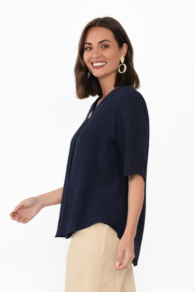 Yasmin Navy Layered Button Top,Brunette model,alt text|model:MJ image 4