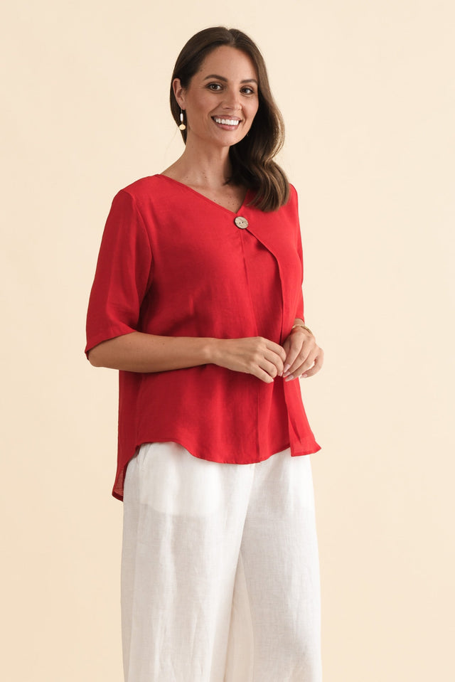 Yasmin Red Layered Button Top,Brunette model,alt text|model:MJ image 4