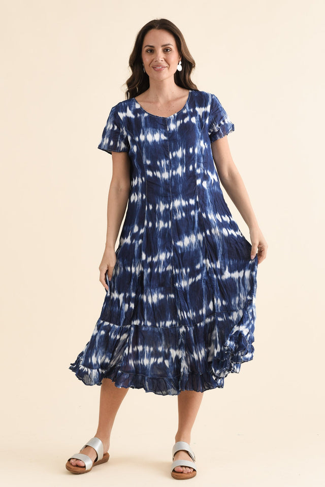Yuki Navy Tie Dye Crinkle Cotton Dress,Full Body,Brunette model,alt text|model:MJ image 2