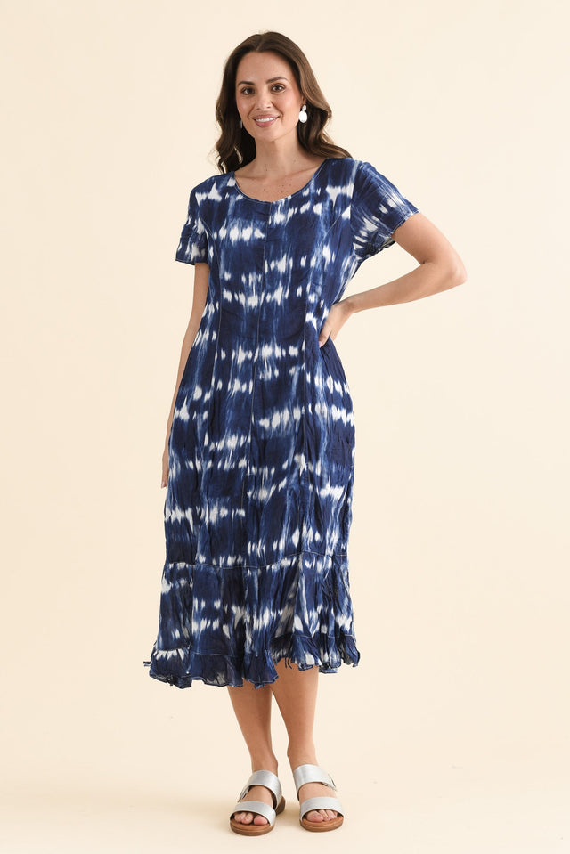 Yuki Navy Tie Dye Crinkle Cotton Dress,Front,Brunette model,alt text|model:MJ image 1