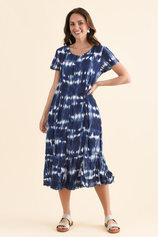 Yuki Navy Tie Dye Crinkle Cotton Dress,Full Body,Brunette model,alt text|model:MJ image 6