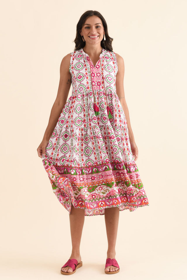 Zackary Pink Mosaic Cotton Sleeveless Dress,Full Body,Brunette model,alt text|model:Brontie image 7