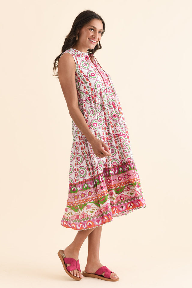 Zackary Pink Mosaic Cotton Sleeveless Dress,Side,Brunette model,alt text|model:Brontie image 4