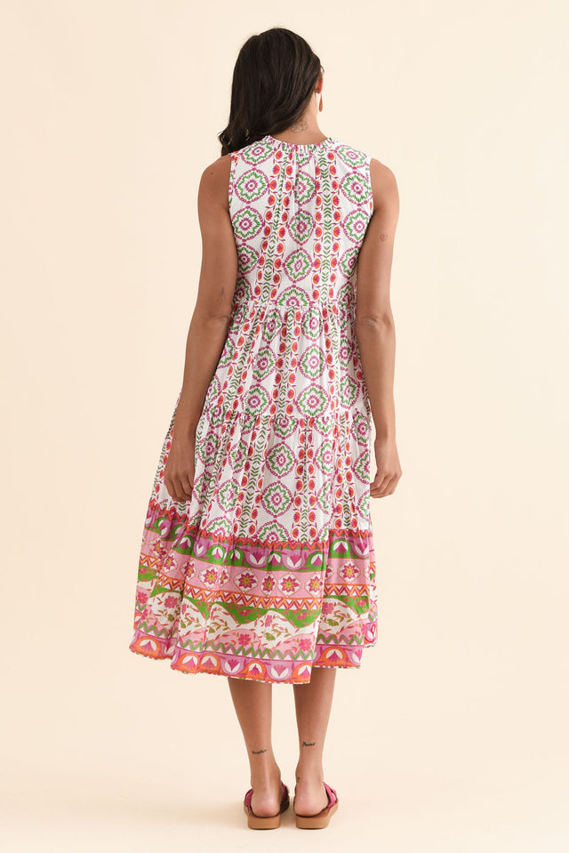 Zackary Pink Mosaic Cotton Sleeveless Dress,Back,Brunette model,alt text|model:Brontie image 5