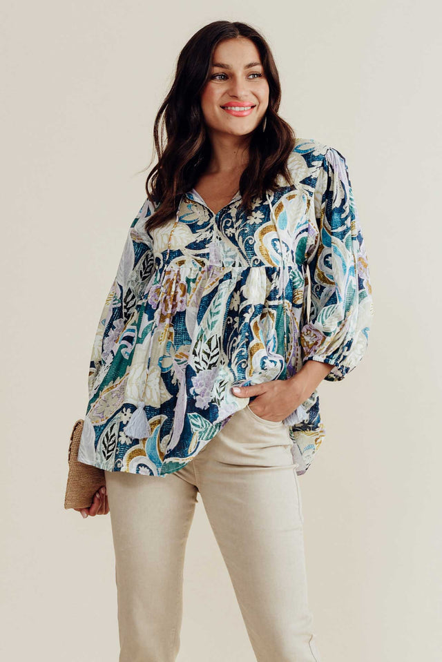 Rosa Blue Paisley Cotton Tie Top