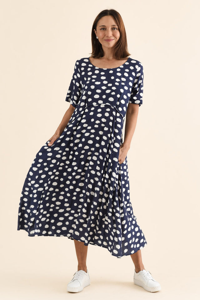 Zaelia Navy Spot Crescent Dress,Full Body,Brunette model,alt text|model:Cara image 3