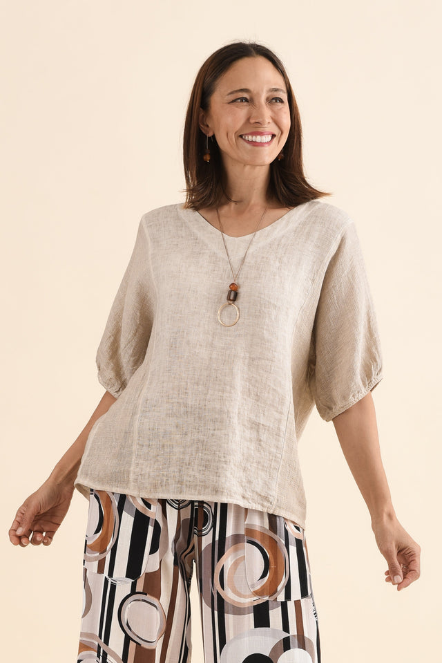 Ziola Beige Linen Cotton Top,Front,Brunette model,alt text|model:Cara image 1