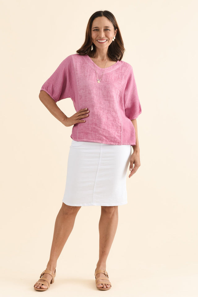 Ziola Candy Pink Linen Cotton Top,Full Body,Brunette model,alt text|model:Cara