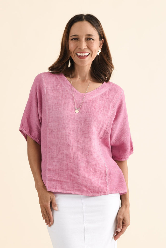 Ziola Candy Pink Linen Cotton Top,Front,Brunette model,alt text|model:Cara