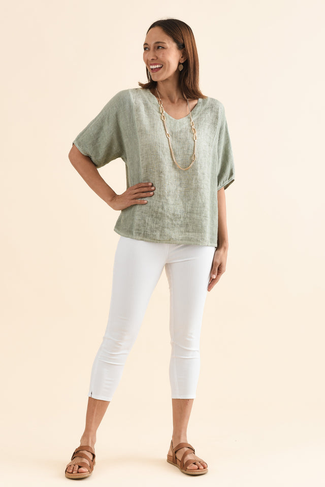 Ziola Khaki Linen Cotton Top,Full Body,Brunette model,alt text|model:Cara image 6