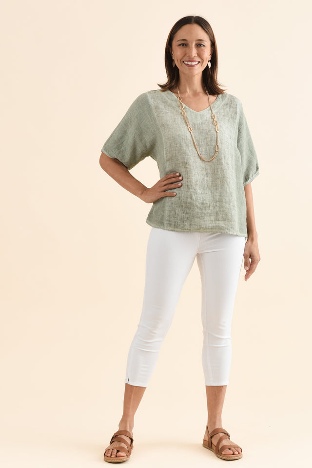 Ziola Khaki Linen Cotton Top,Full Body,Brunette model,alt text|model:Cara image 2