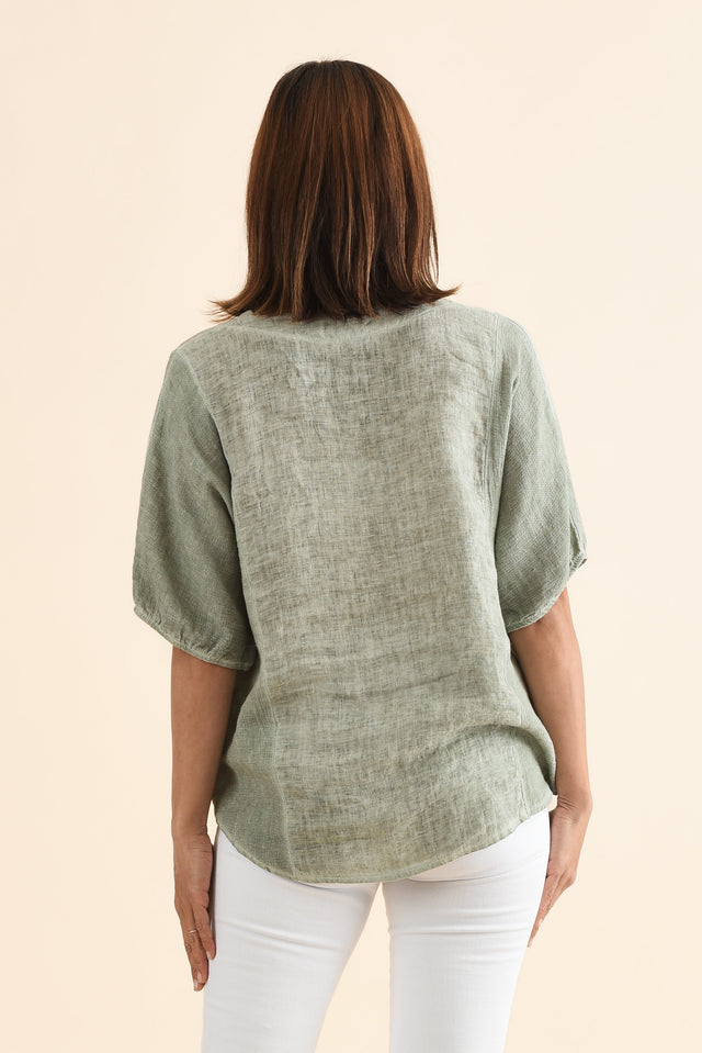 Ziola Khaki Linen Cotton Top,Back,Brunette model,alt text|model:Cara image 4