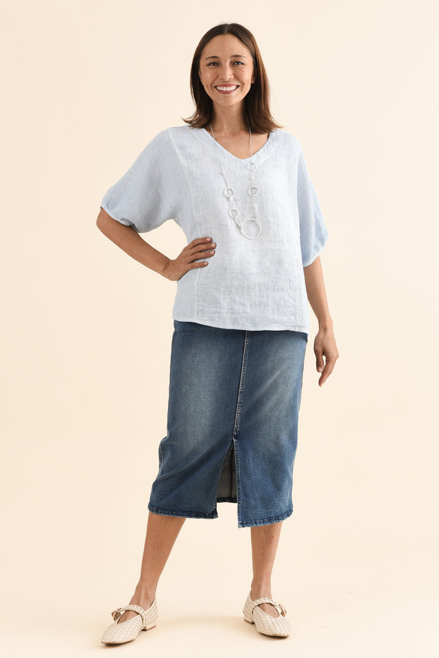 Kylie Dark Wash Denim Midi Skirt,Full Body,Brunette model,alt text|model:Cara