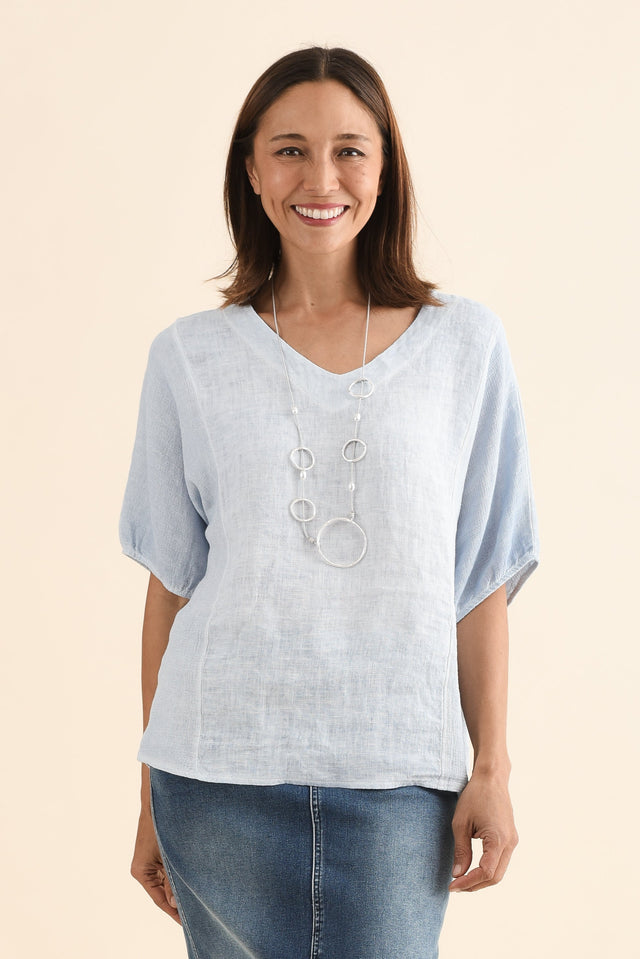 Ziola Light Blue Linen Cotton Top,Front,Brunette model,alt text|model:Cara image 1