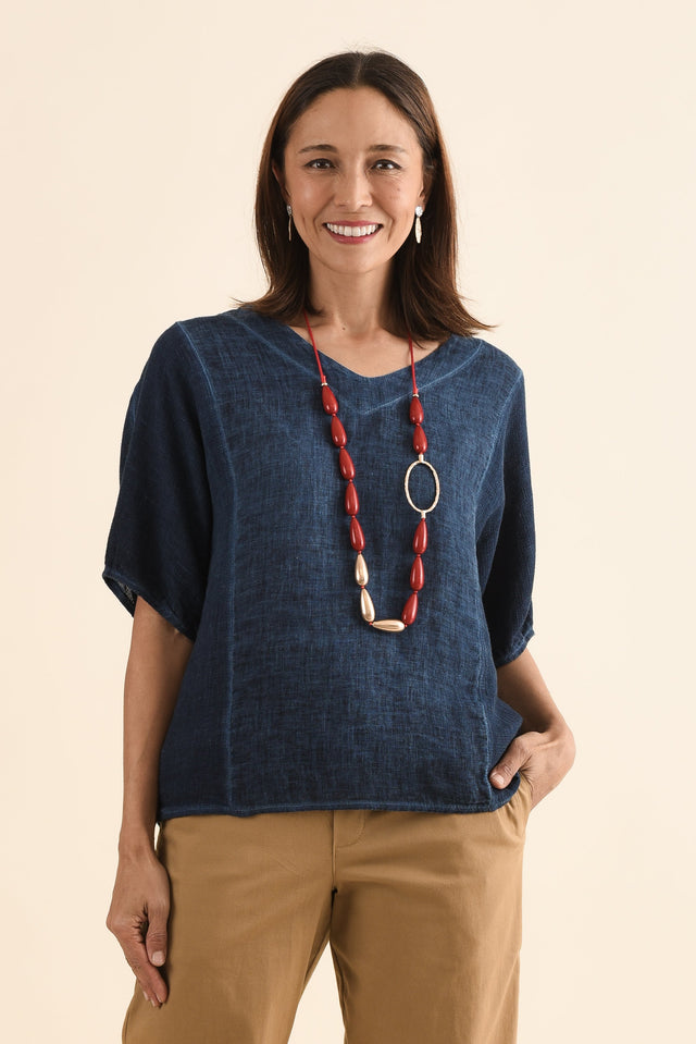 Ziola Navy Linen Cotton Top,Front,Brunette model,alt text|model:Cara image 1
