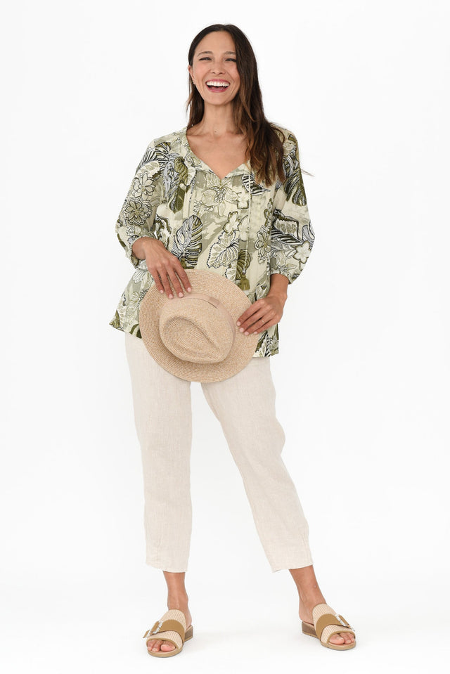 Zita Khaki Tropical Tassel Top,Brunette model,alt text|model:Cara image 4