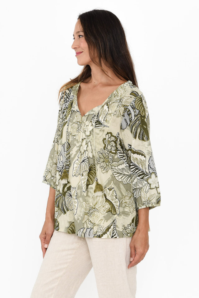 Zita Khaki Tropical Tassel Top,Brunette model,alt text|model:Cara image 5