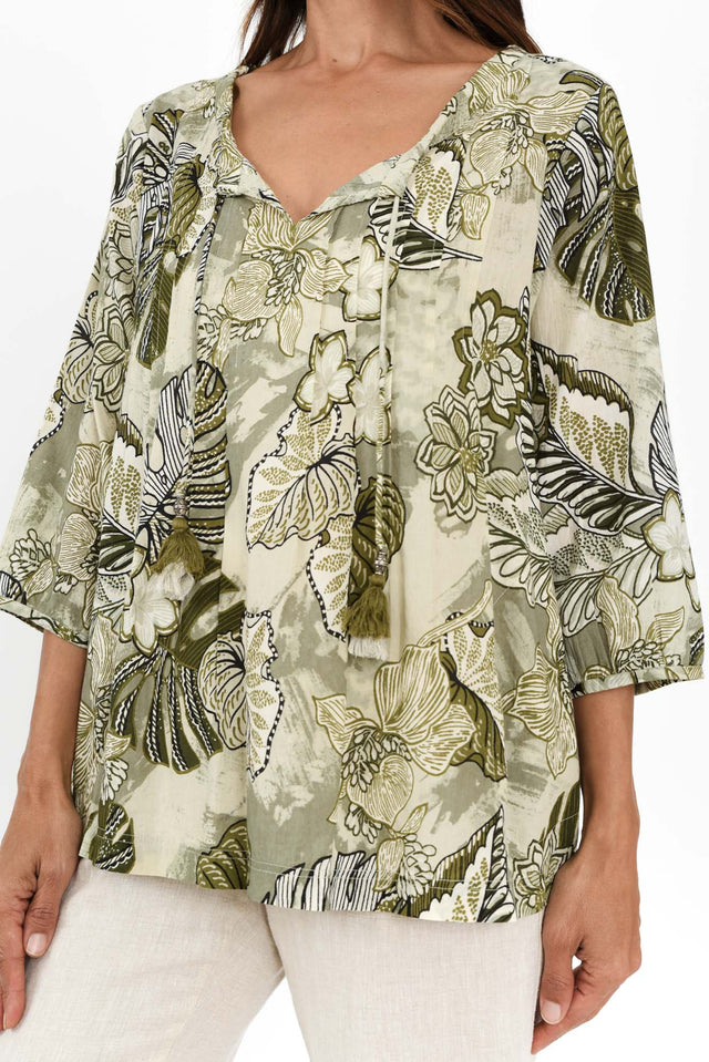 Zita Khaki Tropical Tassel Top,Brunette model,alt text|model:Cara image 7