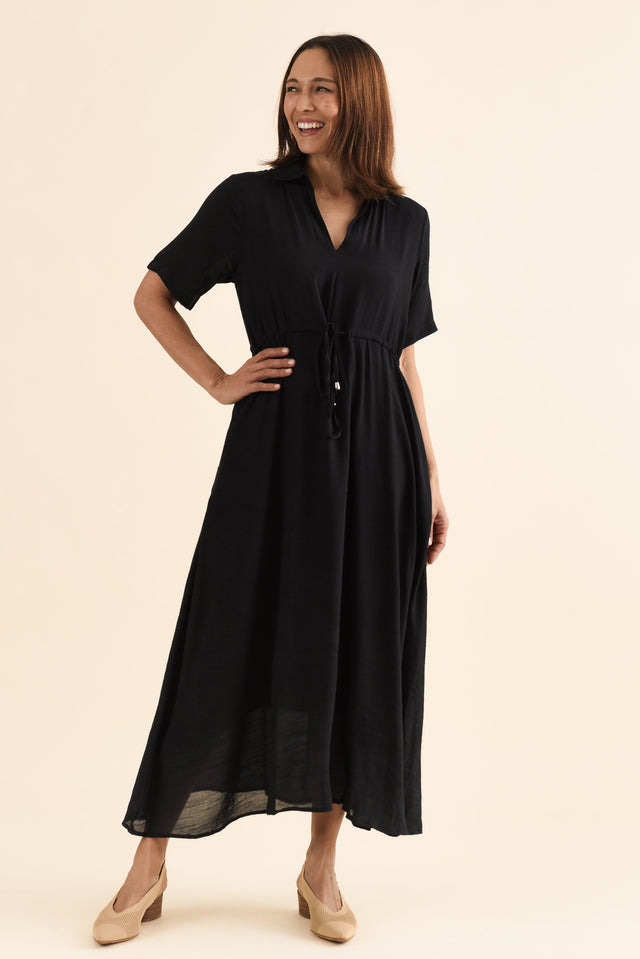 Zoya Black Pocket Tie Dress,Full Body,Brunette model,alt text|model:Cara image 6