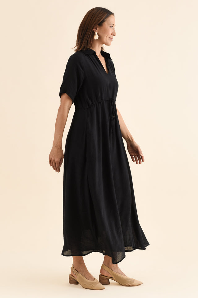 Zoya Black Pocket Tie Dress,Side,Brunette model,alt text|model:Cara image 3