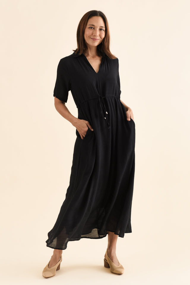 Zoya Black Pocket Tie Dress,Full Body,Brunette model,alt text|model:Cara