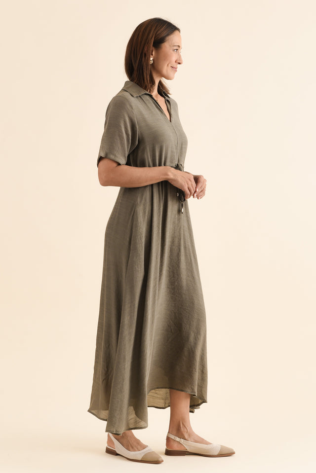 Zoya Khaki Pocket Tie Dress,Side,Brunette model,alt text|model:Cara image 3