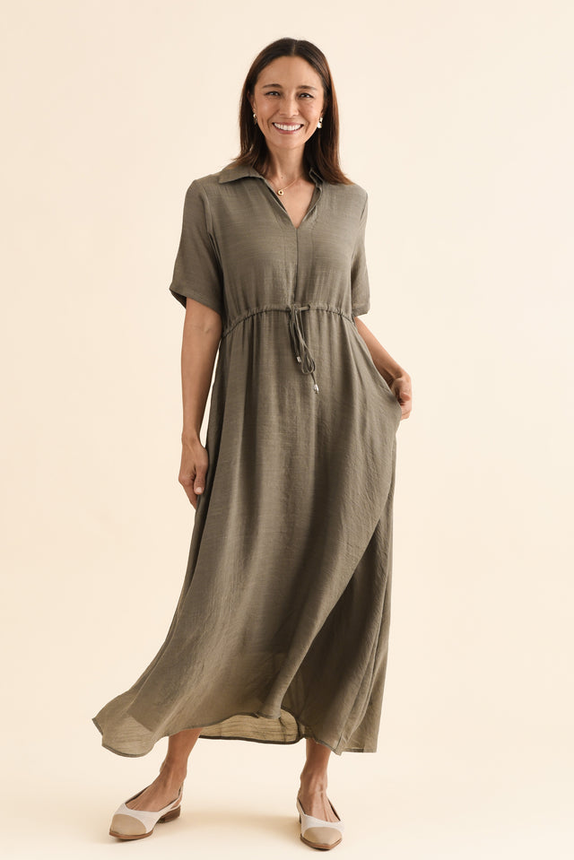 Zoya Khaki Pocket Tie Dress,Full Body,Brunette model,alt text|model:Cara image 6